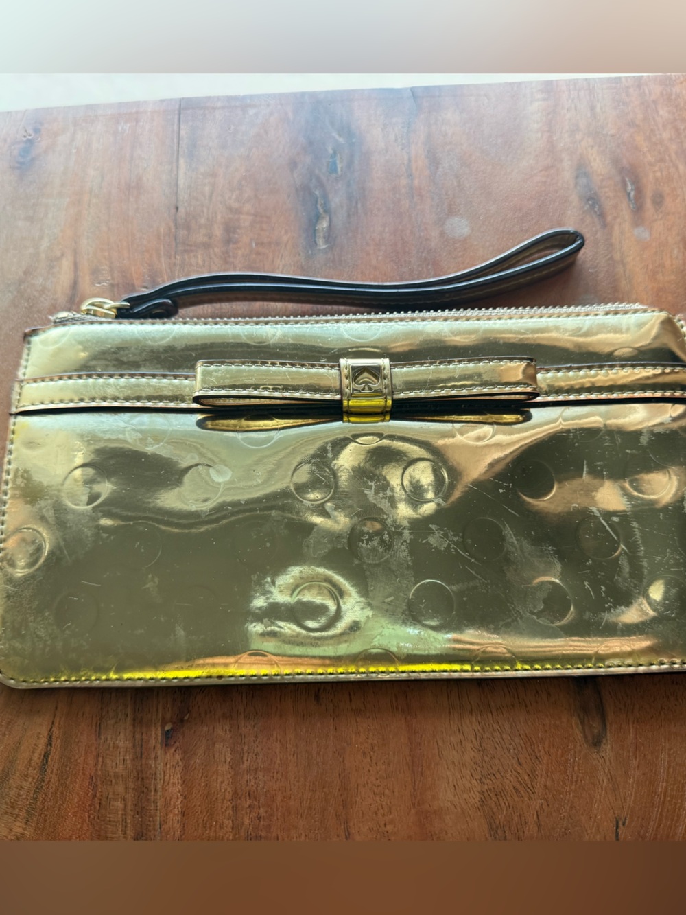 Kate Spade Gold Metallic Wristlet Clutch with Bow Accent